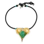 AN EMERALD, DIAMOND AND QUARTZ PENDANT AND CHAIN, MISANI the pendant of abstract heart design, set