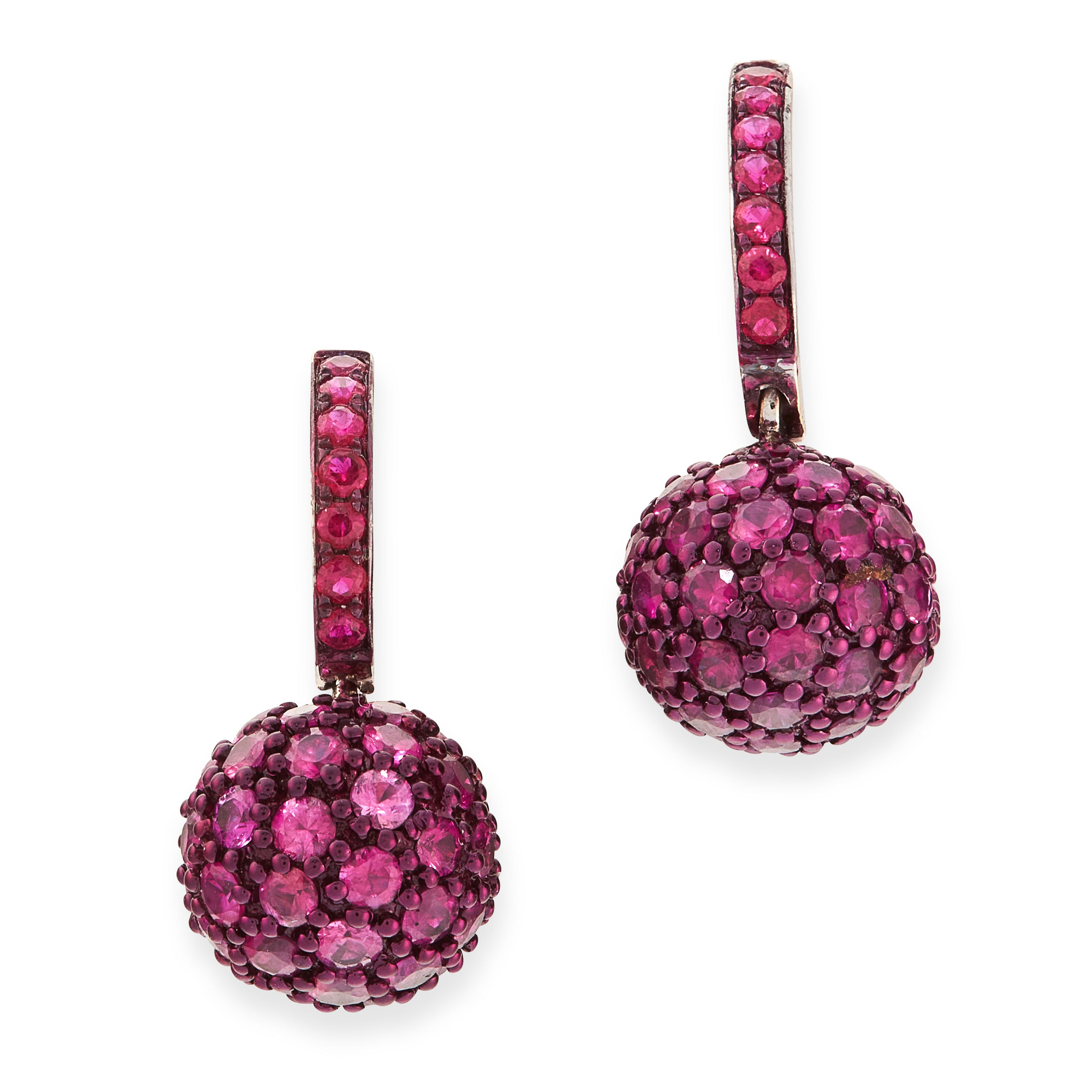 A PAIR OF RUBY EARRINGS in sleeper design, suspending a sphere, set all over with round cut rubies