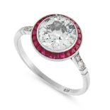 A DIAMOND AND RUBY TARGET RING in Art Deco design, in platinum, set with a central old European