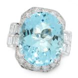 AN AQUAMARINE AND DIAMOND DRESS RING in 18ct white gold, set with an oval cut aquamarine in a border