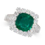 AN EMERALD AND DIAMOND DRESS RING in 18ct white gold, set with a cushion cut emerald of 3.65