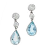 A PAIR OF AQUAMARINE AND DIAMOND DROP EARRINGS each set with two round cut diamonds above a pear cut