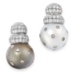 A PAIR OF SOUTH SEA PEARL AND DIAMOND EARRINGS in platinum, one earring set with a black south sea