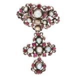 AN ANTIQUE PEARL AND RUBY GIRANDOLE BROOCH suspending a cross, set with grey pearls and oval and