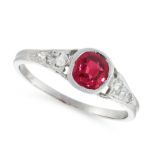 A BURMA NO HEAT RUBY AND DIAMOND RING comprising of a cushion cut ruby of 0.72 carats, between old