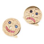 A PAIR OF SAPPHIRE, RUBY AND DIAMOND THEATRICAL CUFFLINKS in 18ct yellow gold, in circular design,