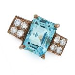 AN AQUAMARINE AND DIAMOND RING set with an emerald cut aquamarine of 4.43 carats between two squares