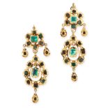 A PAIR OF ANTIQUE EMERALD EARRINGS, IBERIAN PENINSULA in yellow gold, formed of a cluster of cushion