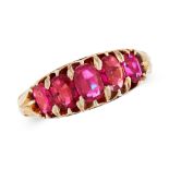 AN ANTIQUE BURMA NO HEAT RUBY DRESS RING in high carat yellow gold, set with five graduated
