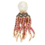 A PEARL, RUBY AND DIAMOND OCTOPUS BROOCH in yellow gold and silver, the head formed of a pearl,