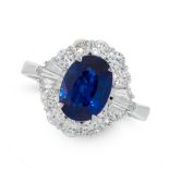 A SAPPHIRE AND DIAMOND DRESS RING in 18ct white gold, set with an oval cut sapphire of 2.12 carats