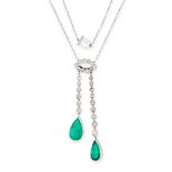 AN EMERALD, DIAMOND AND PEARL NEGLIGEE NECKLACE formed of two rows of old and rose cut diamonds,