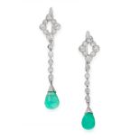 A PAIR OF EMERALD AND DIAMOND EARRINGS each set with a polished emerald drop below a series of