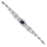 A DIAMOND AND SAPPHIRE COCKTAIL WATCH, PONTIAC in 18ct white gold, the hidden face concealed by a