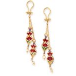 A PAIR OF ENAMEL, DIAMOND AND PEARL CLIP EARRINGS, INDIAN in 18ct yellow gold, set with red,