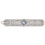 A DIAMOND AND SAPPHIRE HAIR CLIP BROOCH, EARLY 20TH CENTURY in 18ct white gold, the rectangular body