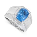 A 3.86 CARAT BURMA NO HEAT SAPPHIRE AND DIAMOND RING in 18ct white gold, set with a cushion cut