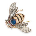 AN ANTIQUE SAPPHIRE, RUBY, DIAMOND AND ENAMEL BEE BROOCH in high carat yellow gold and silver,