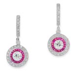 A PAIR OF RUBY AND DIAMOND TARGET DROP EARRINGS in 18ct white gold, in sleeper design, each