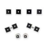 AN ONYX AND PEARL BUTTONS AND CUFFLINKS DRESS SET in 9ct white gold, each designed in square form,