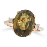 A ZIRCON AND DIAMOND RING comprising of an oval cut zircon of 6.37 carats between two round cut