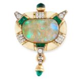 AN IVORY, EMERALD, DIAMOND AND OPAL PERFUME BOTTLE in 18ct yellow gold, set with a central opal of