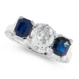 A DIAMOND AND SAPPHIRE DRESS RING in 18ct white gold, set with an old European cut diamond of 1.11