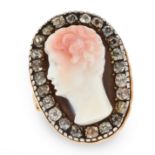 AN ANTIQUE HARDSTONE CAMEO AND DIAMOND RING, 19TH CENTURY in yellow gold and silver, the face set