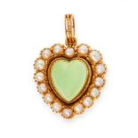 AN ANTIQUE CHRYSOPRASE AND PEARL PENDANT in yellow gold, set with a heart shaped cabochon