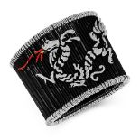 A DIAMOND AND ENAMEL CHINESE DRAGON BRACELET comprising of elasticated black bars, set with a