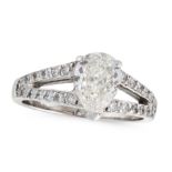 A SOLITAIRE DIAMOND DRESS RING in platinum, set with a central pear cut diamond of 1.01 carats, on a