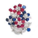 A VINTAGE SAPPHIRE, RUBY AND DIAMOND GIARDINETTO BROOCH, CIRCA 1950 designed as a basket of flowers,