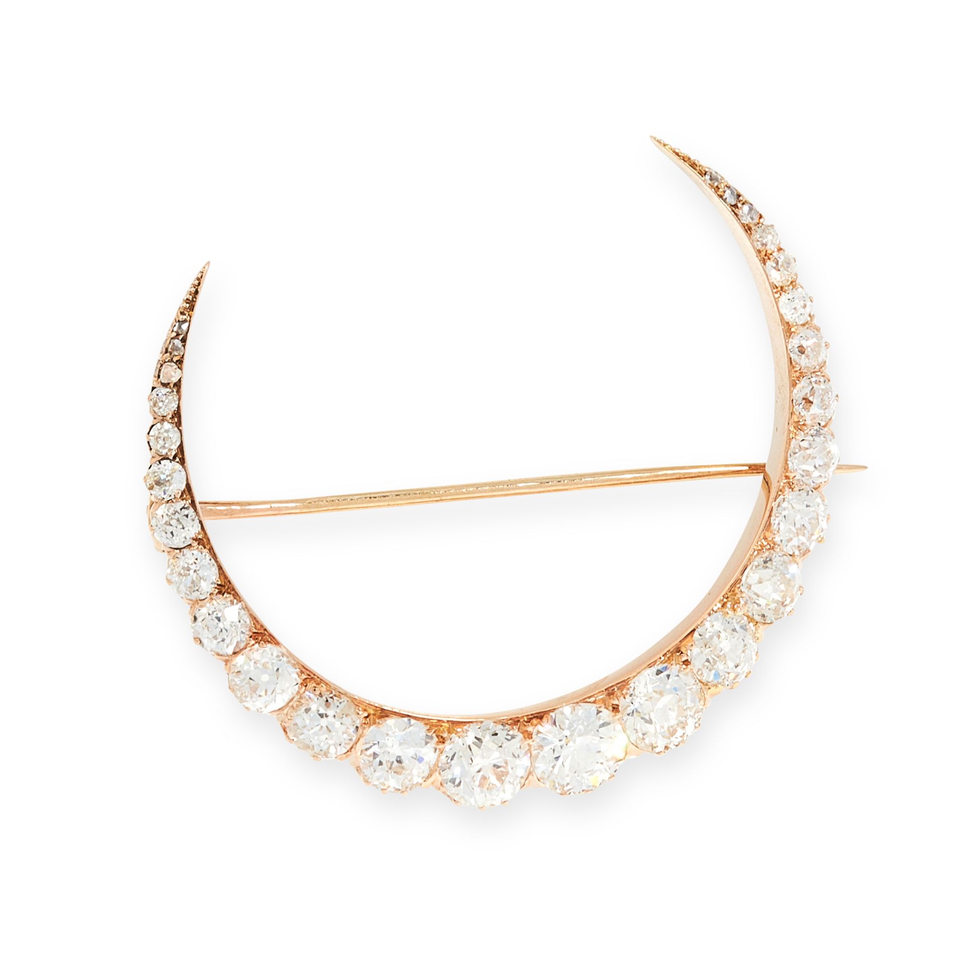 AN ANTIQUE DIAMOND CRESCENT MOON BROOCH in high carat yellow gold, designed as a crescent moon,