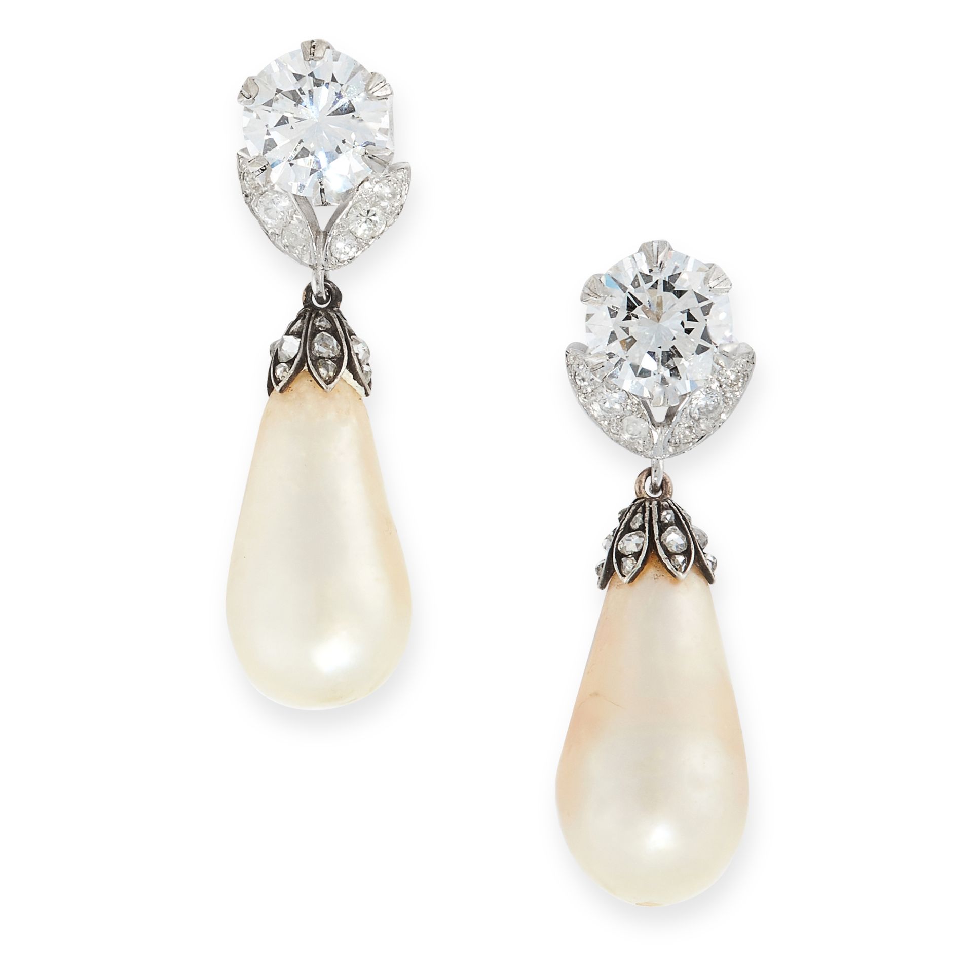 AN IMPORTANT PAIR OF NATURAL PEARL AND DIAMOND EARRINGS each set with a drop shaped natural pearl of