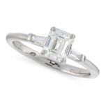 A DIAMOND RING in platinum, comprising of an emerald cut diamond of 1.10 carats between two