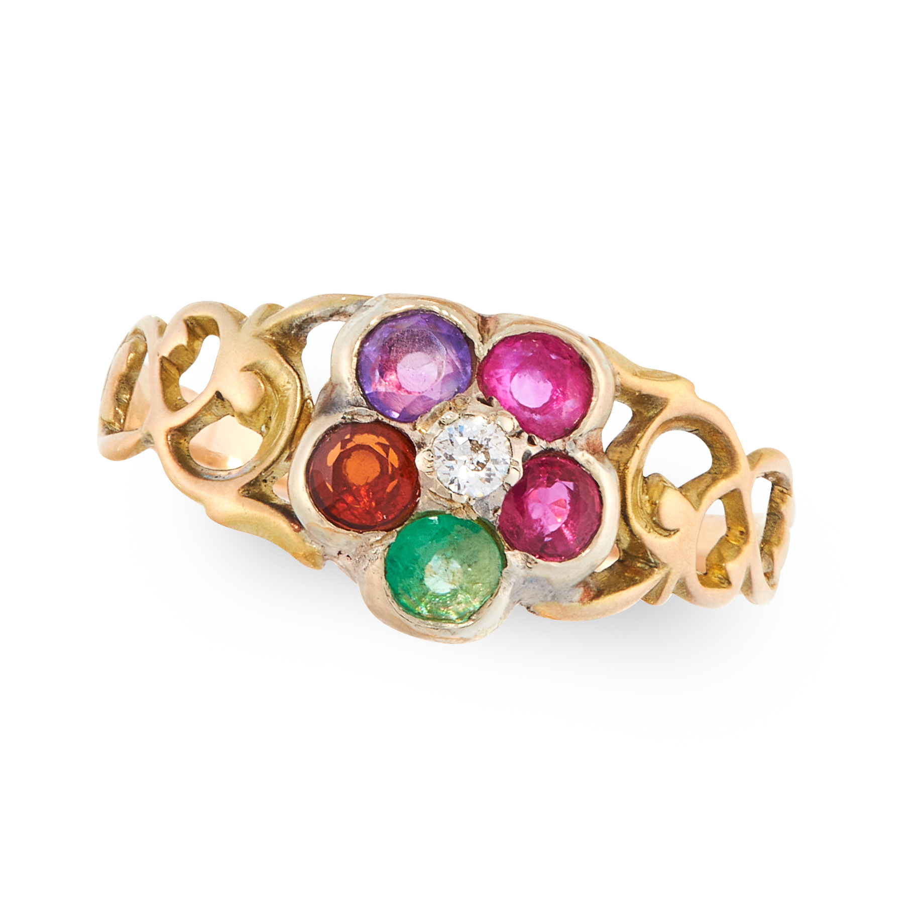 AN ANTIQUE GEMSET REGARD RING, 19TH CENTURY in yellow gold and silver, set with a cluster of round