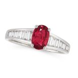 A MOZAMBIQUE NO HEAT RUBY AND DIAMOND RING in 18ct white gold, set with an oval cut Mozambique no
