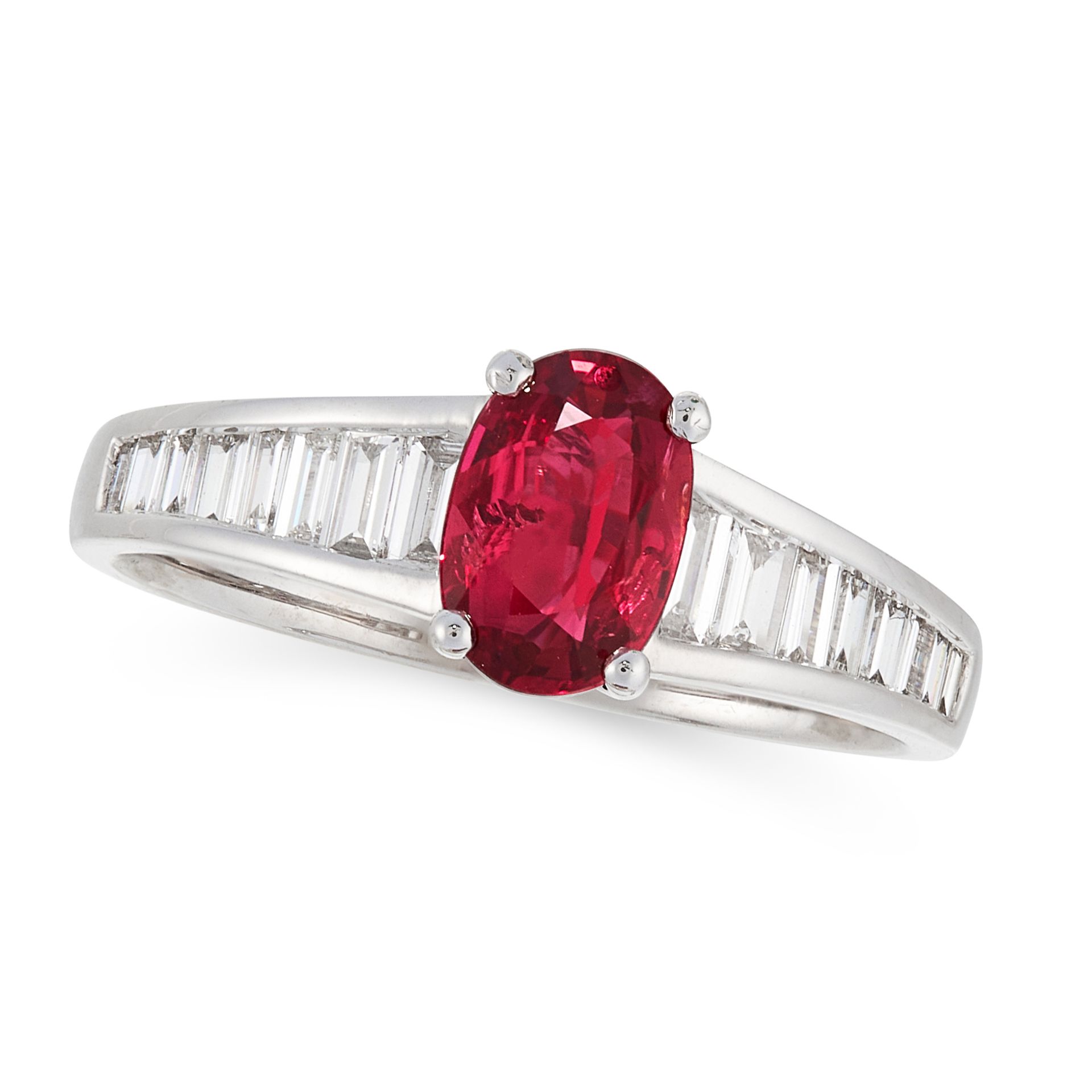 A MOZAMBIQUE NO HEAT RUBY AND DIAMOND RING in 18ct white gold, set with an oval cut Mozambique no