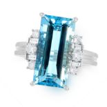 AN UNHEATED BRAZILIAN AQUAMARINE AND DIAMOND RING in platinum, set with an emerald cut aquamarine of