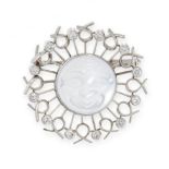 A MOONSTONE AND DIAMOND MAN IN THE MOON BROOCH in 18ct gold, set with a circular carved moonstone