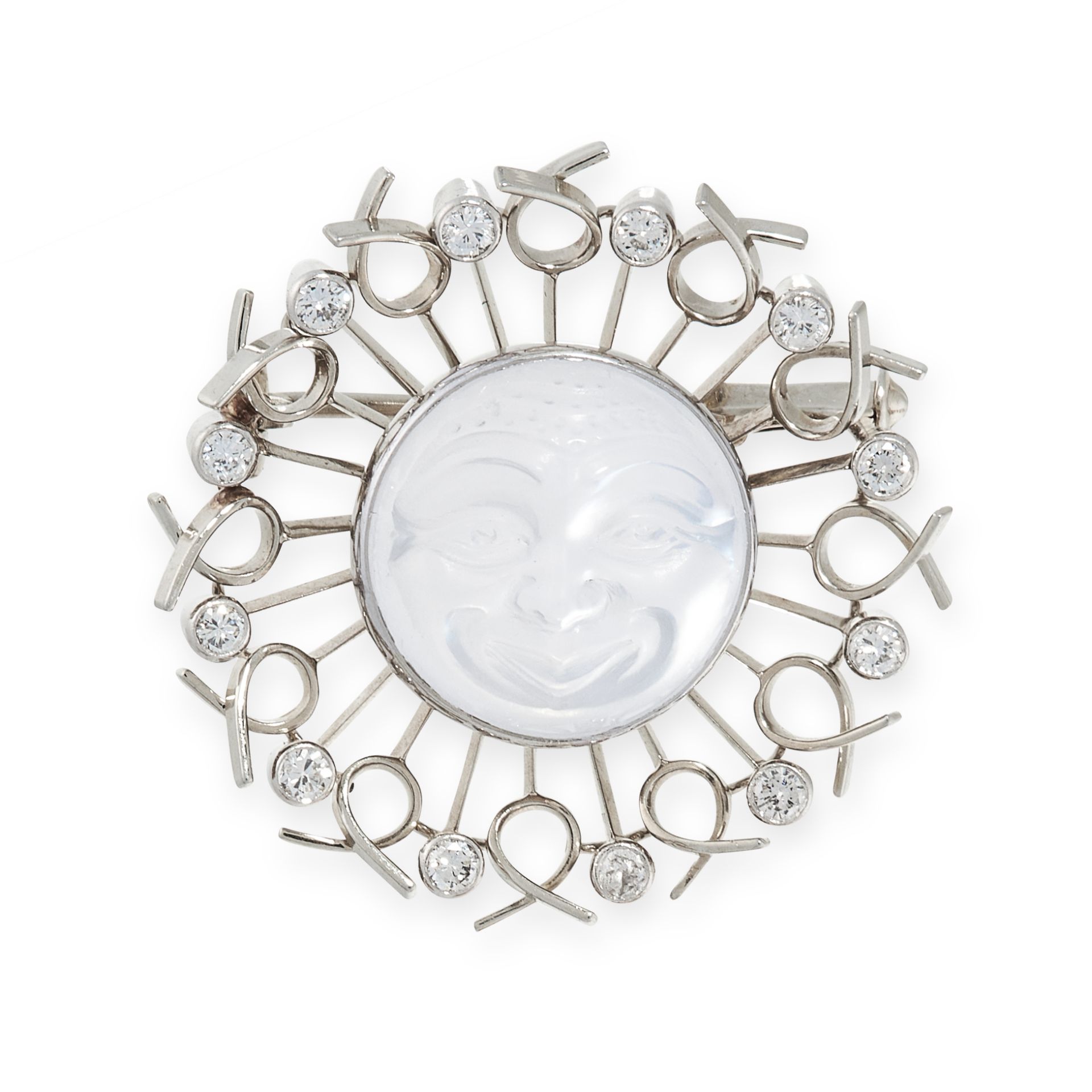 A MOONSTONE AND DIAMOND MAN IN THE MOON BROOCH in 18ct gold, set with a circular carved moonstone