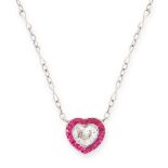 A DIAMOND AND RUBY PENDANT NECKLACE in white gold, set with a heart shaped brilliant cut diamond