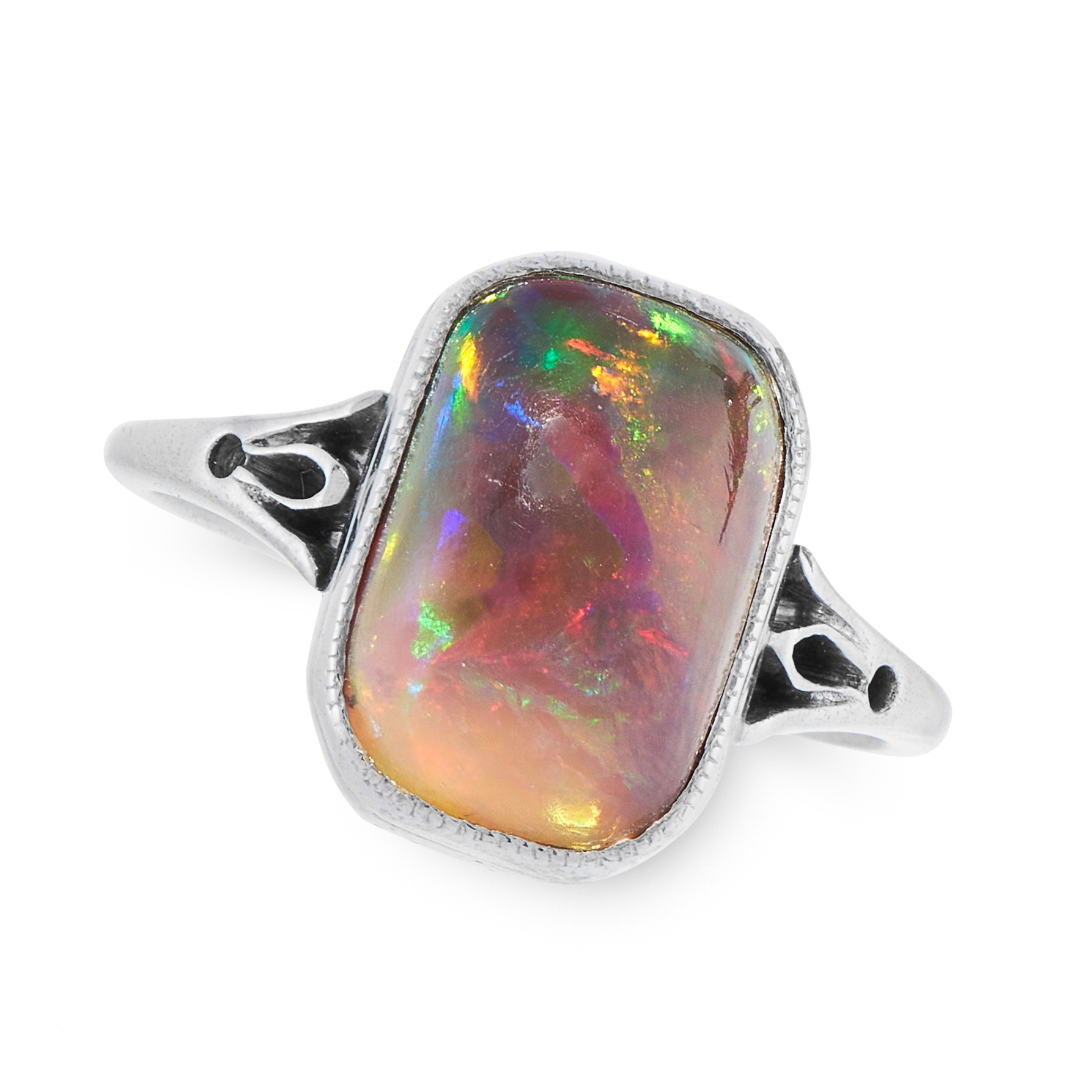 A BLACK OPAL DRESS RING set with a rectangular cabochon black opal of 3.08 carats, unmarked, size