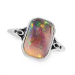 A BLACK OPAL DRESS RING set with a rectangular cabochon black opal of 3.08 carats, unmarked, size