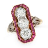 AN ART DECO DIAMOND AND RUBY DRESS RING in 18ct yellow gold, set with a trio of old cut diamonds