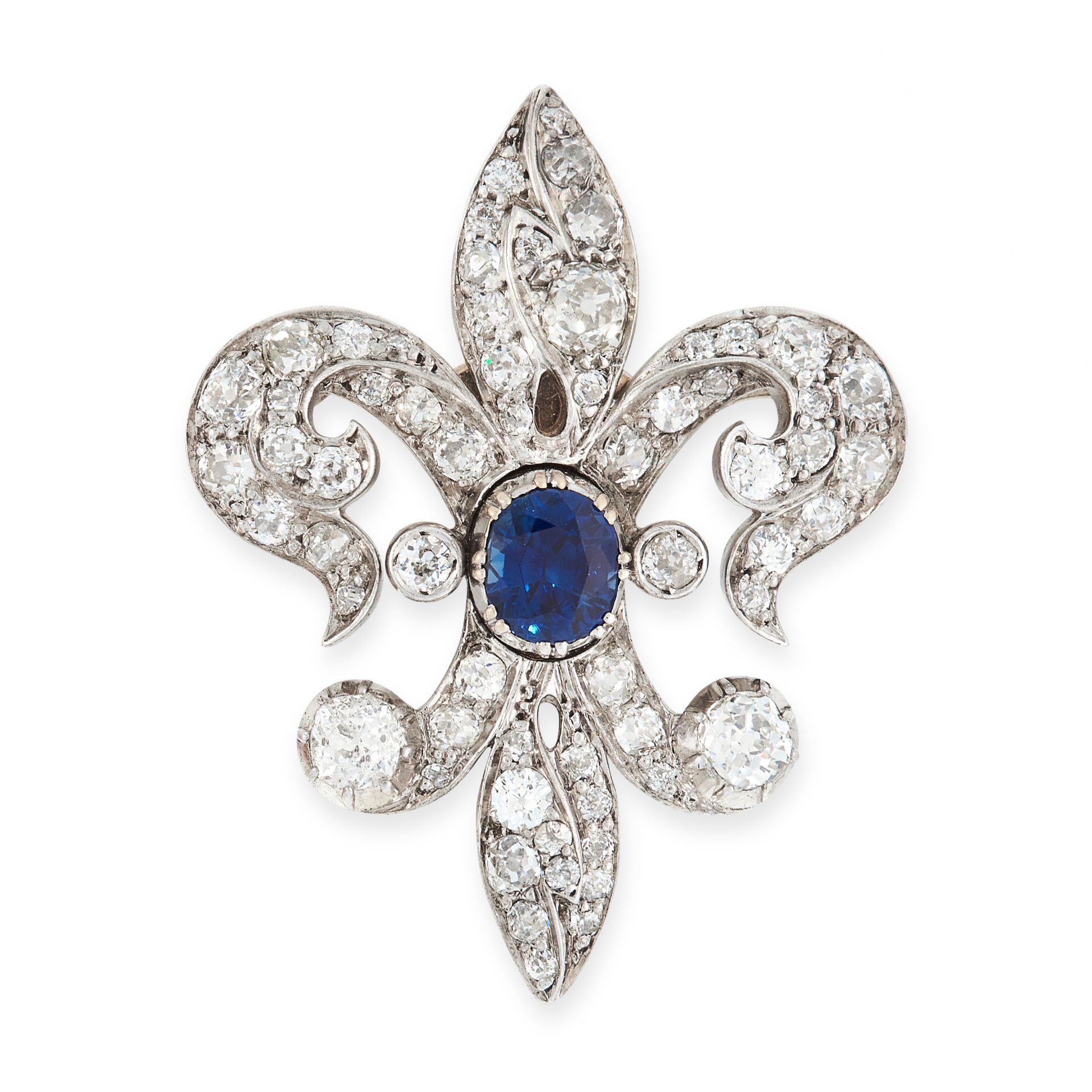 A SAPPHIRE AND DIAMOND FLEUR-DE-LIS BROOCH, EARLY 20TH CENTURY designed as a stylised lily, set with