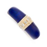 AN ENAMEL AND DIAMOND RING in 18ct yellow gold, half decorated with blue enamel, accented by a row