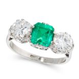 A COLOMBIAN EMERALD AND DIAMOND DRESS RING in platinum, set with an emerald cut emerald of 0.91