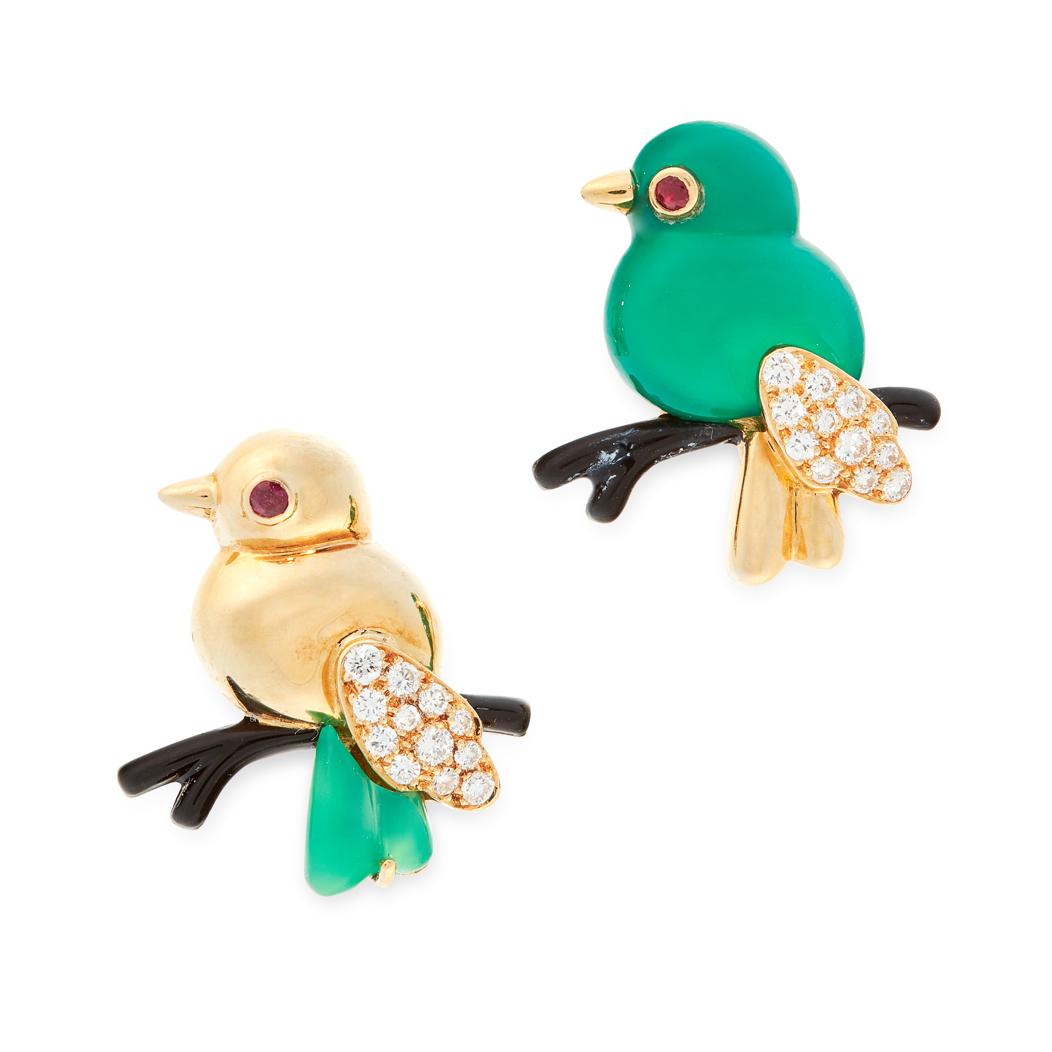 A PAIR OF VINTAGE CHRYSOPRASE, DIAMOND AND ENAMEL BIRD BROOCHES, CARTIER CIRCA 1991 in 18ct yellow