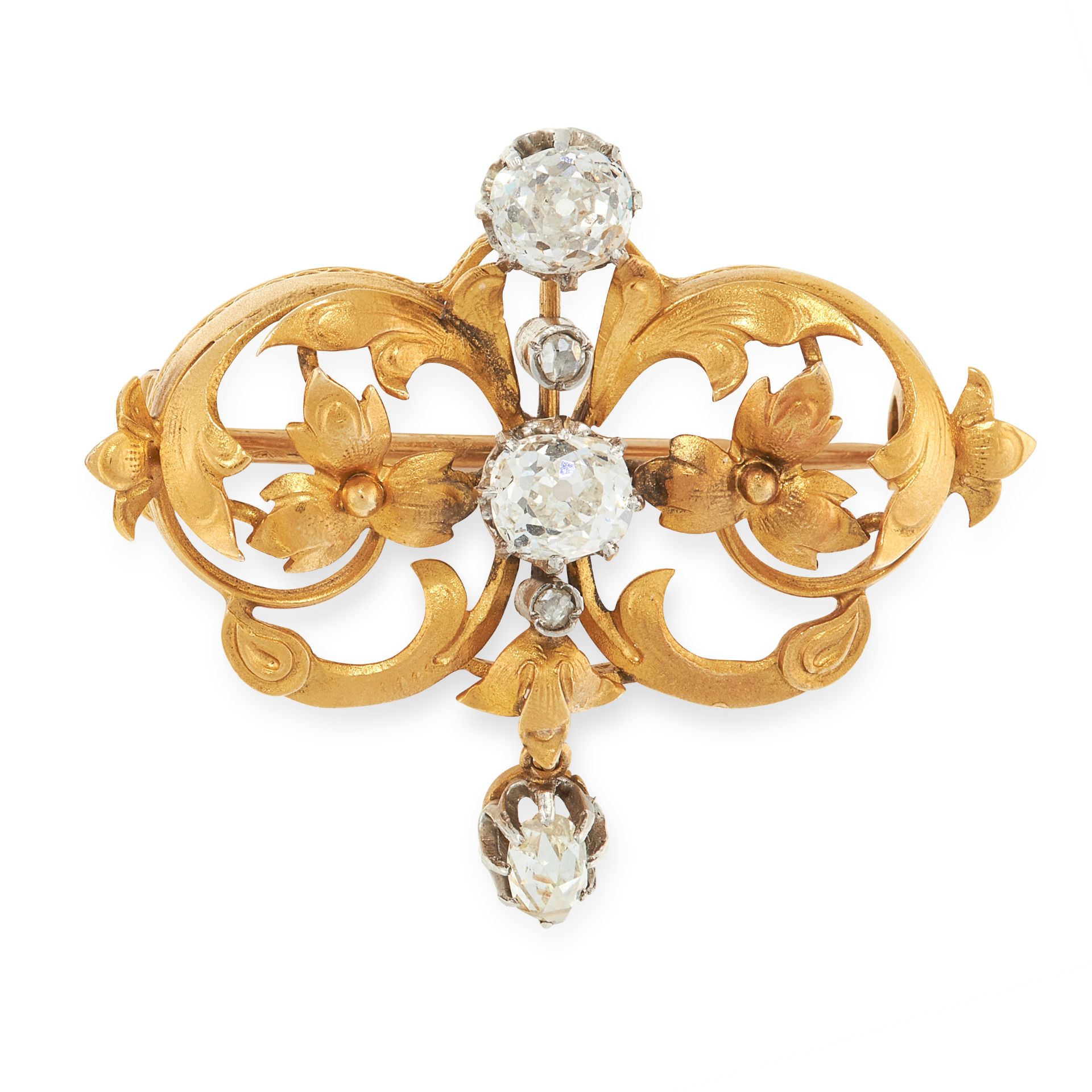AN ANTIQUE DIAMOND BROOCH, CIRCA 1900 in 18ct yellow gold, set with two principal old cut diamonds